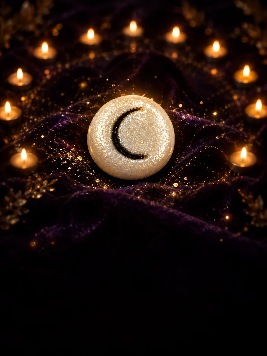 Una runa de la luna brillando sobre terciopelo oscuro
