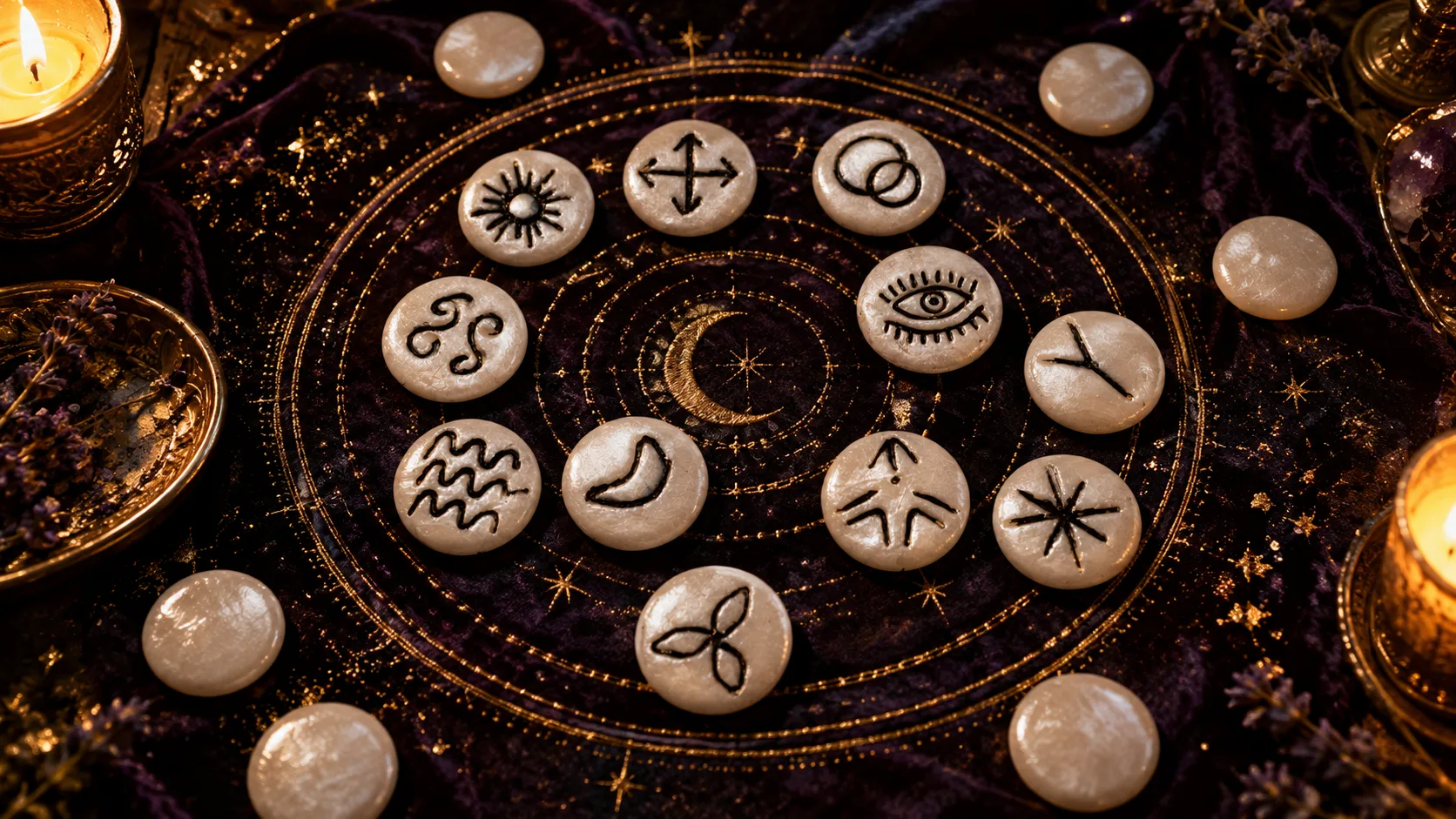 Runas brujas de porcelana fría sobre un paño oscuro
