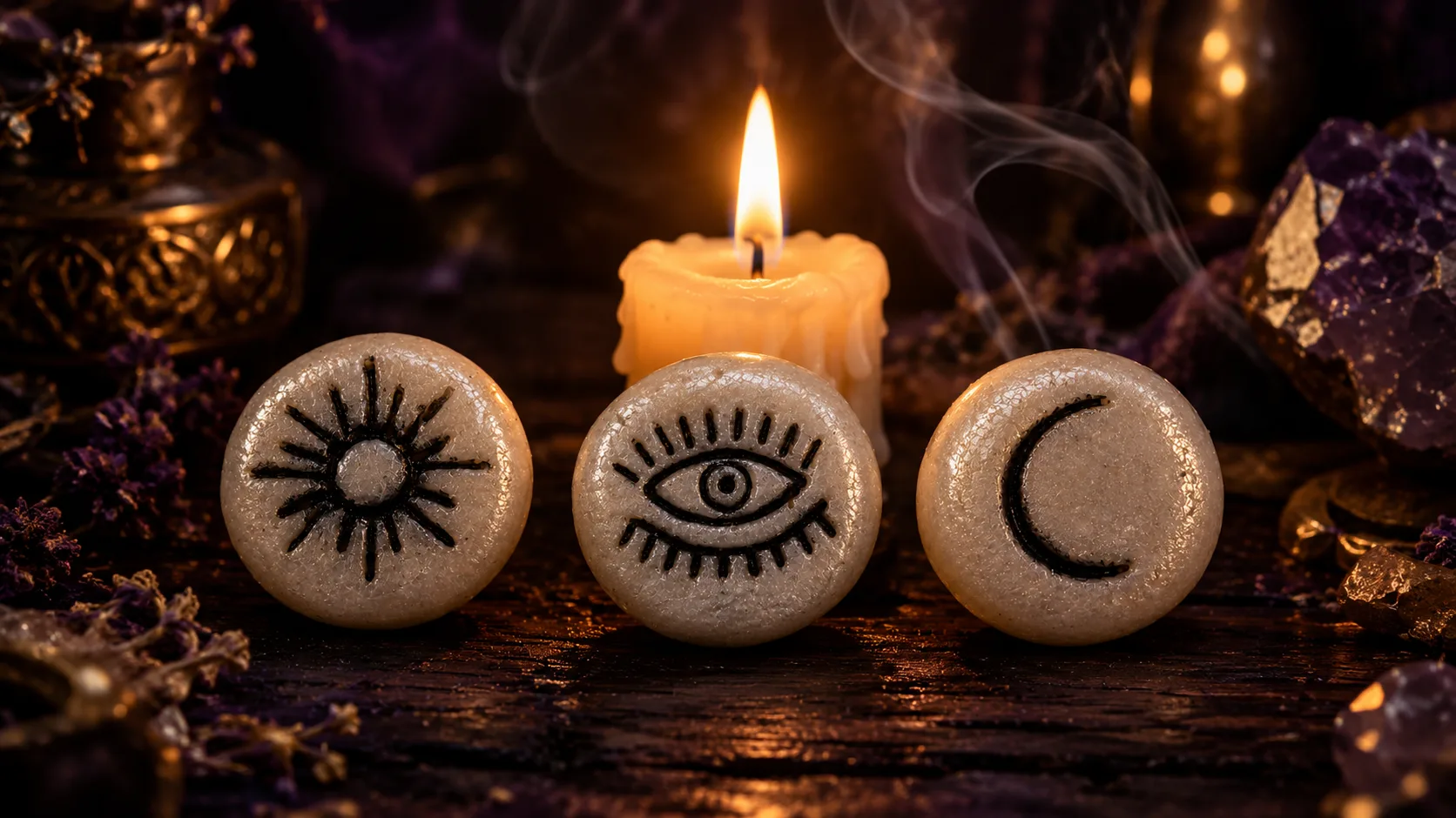 Tres runas en línea junto a una vela