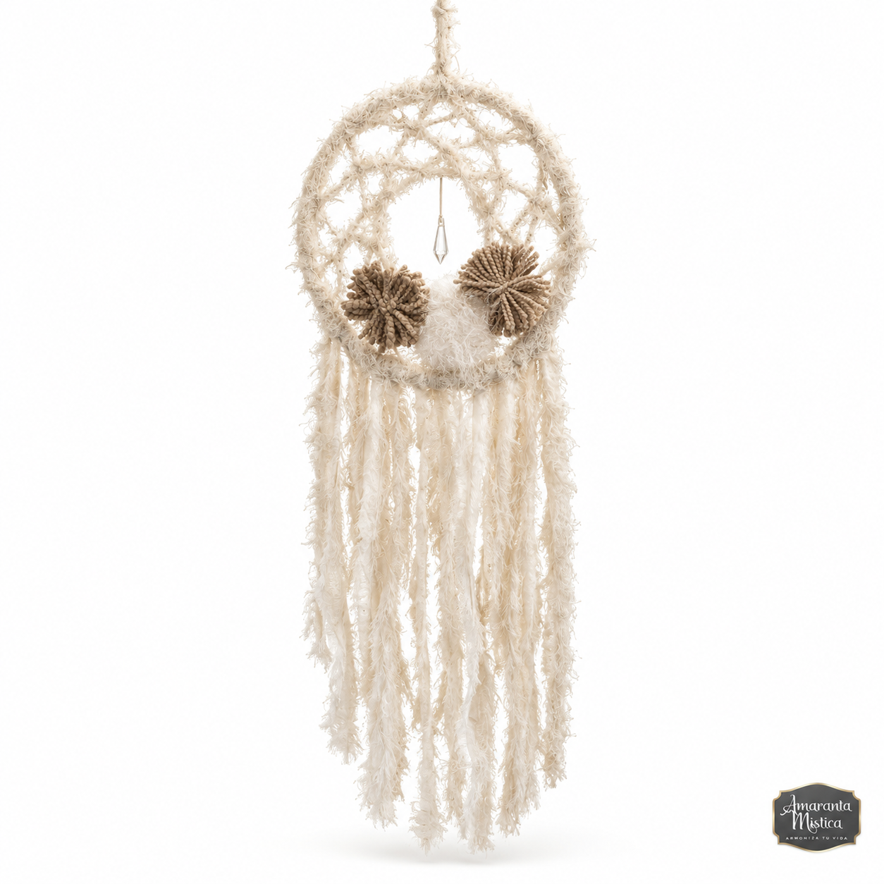 Atrapasueños de Tela con Pompones Marrón y Blanco