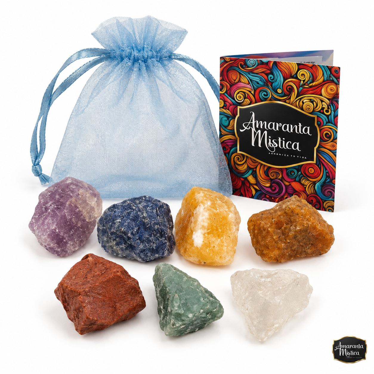 Kit 7 Chakras Piedras en Bruto con Guía y Bolsita