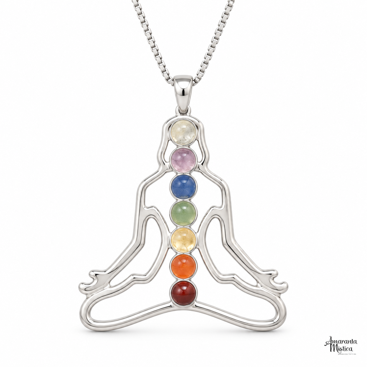 Dije Yoga Meditación 7 Chakras - Baño de Plata con Cadena