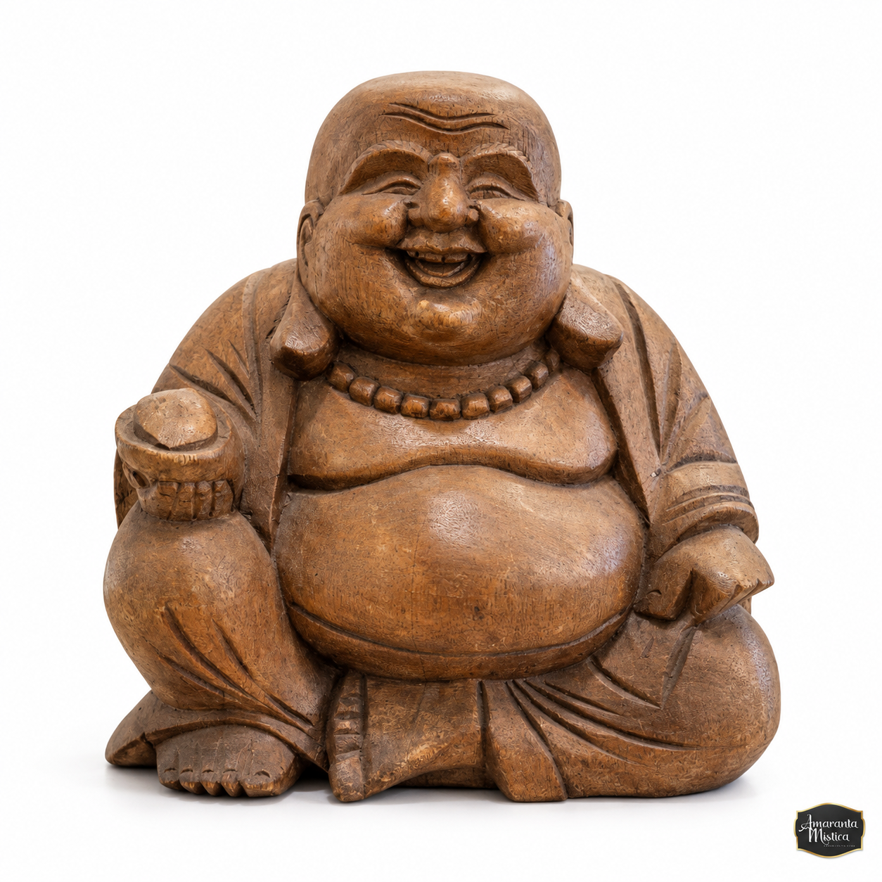 Buda Risueño de Madera de Teca Tallado a Mano - Indonesia