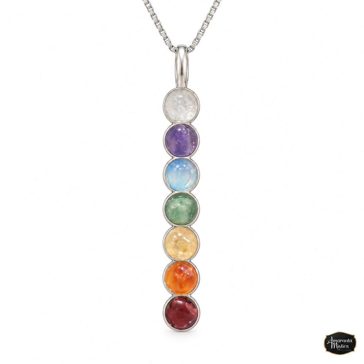 Dije Barra 7 Chakras Piedras Naturales - Baño de Plata con Cadena