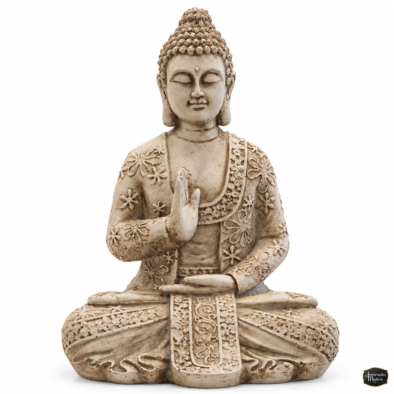 Buda de Resina con Túnica de Flores y Mano Alzada