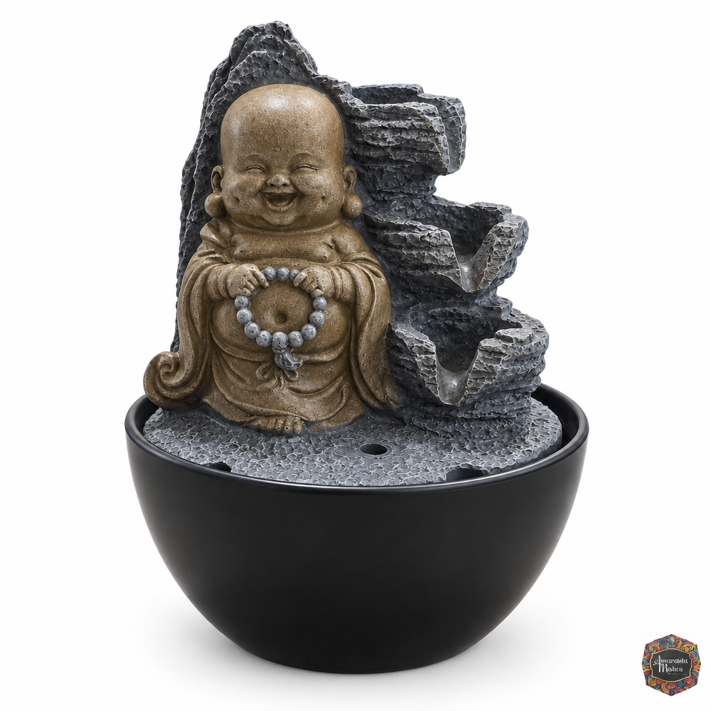Fuente de Agua de Mesa Monje Sonriente con Mala