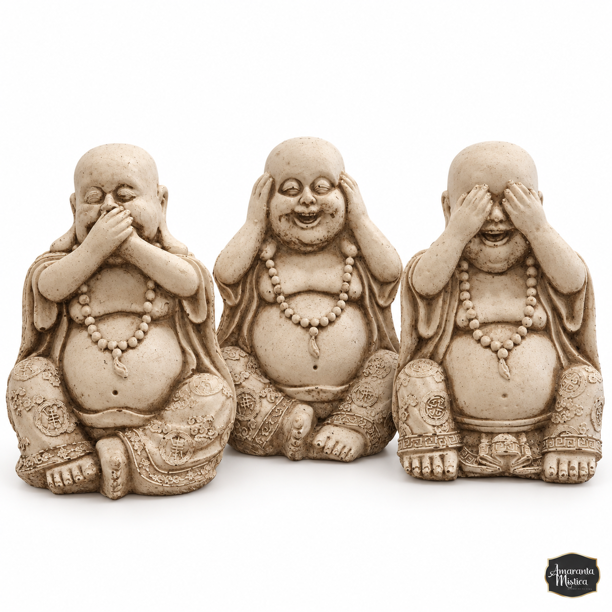 Set de 3 Monjes Risueños de Resina - No Ver, No Oír, No Hablar