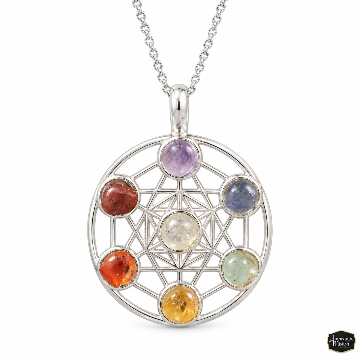 Dije Cubo de Metatrón 7 Chakras - Baño de Plata con Cadena