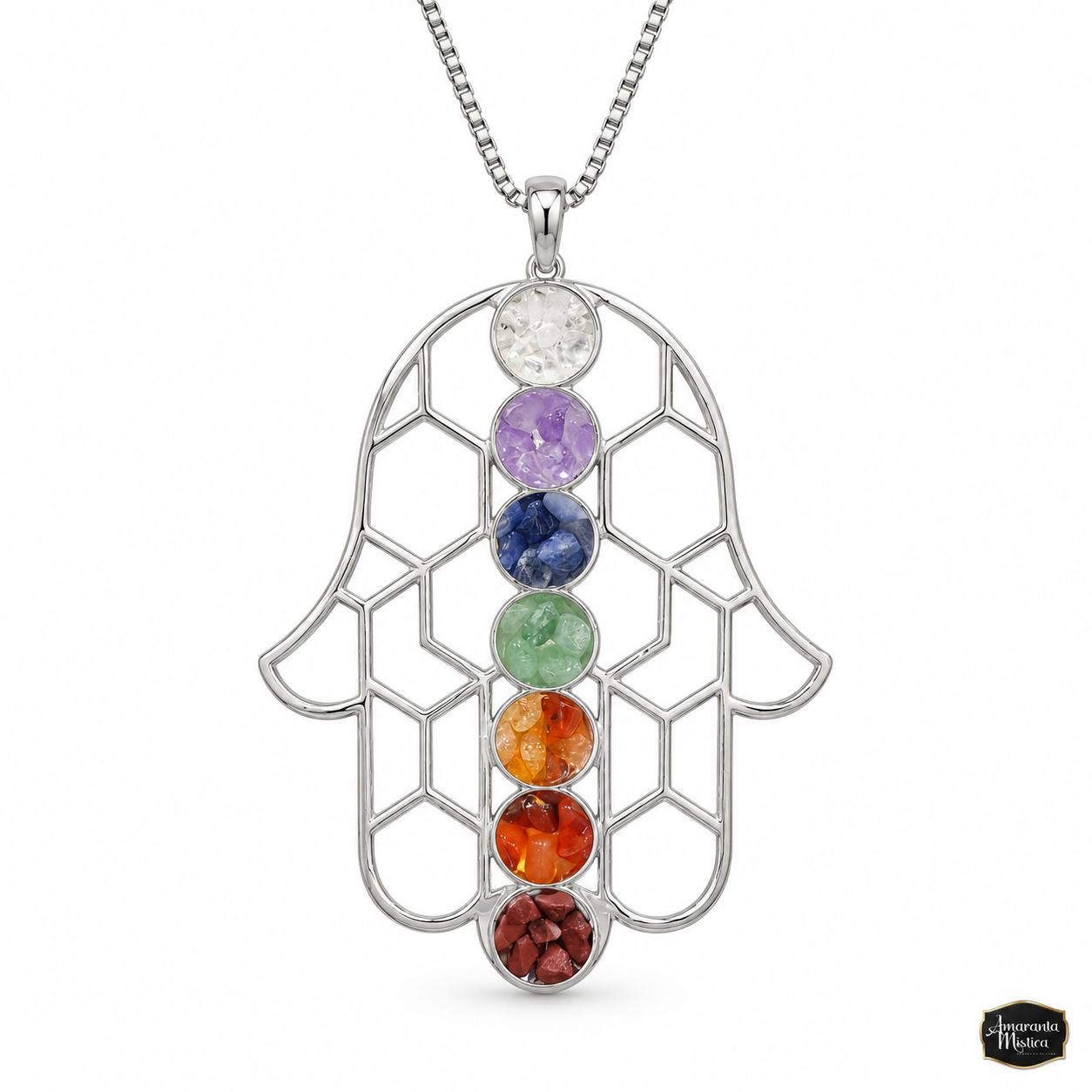 Dije Hamsa 7 Chakras - Baño de Plata con Cadena