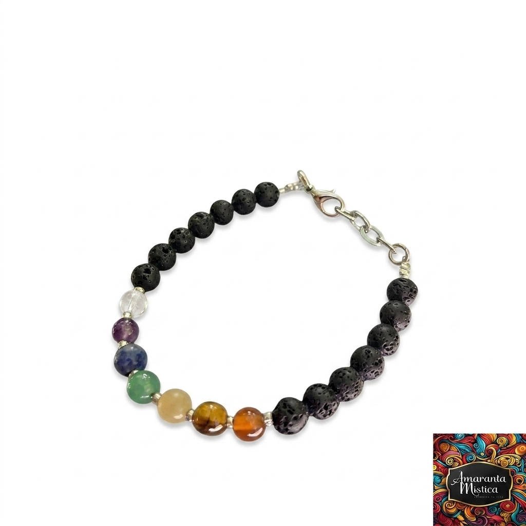 Pulsera Tanza Metal 7 Chakras Piedra Volcánica Negra