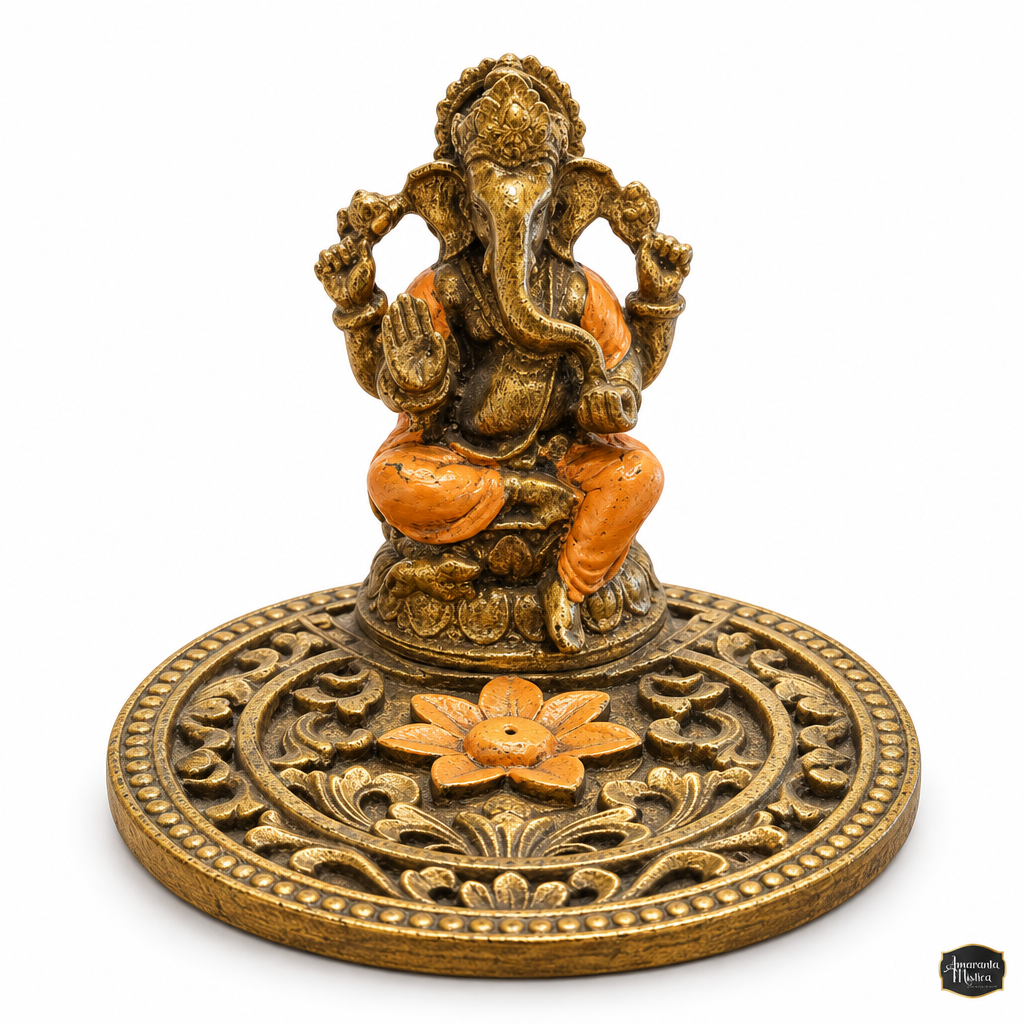 Porta Sahumerios Ganesha Naranja y Dorado con Disco Tallado