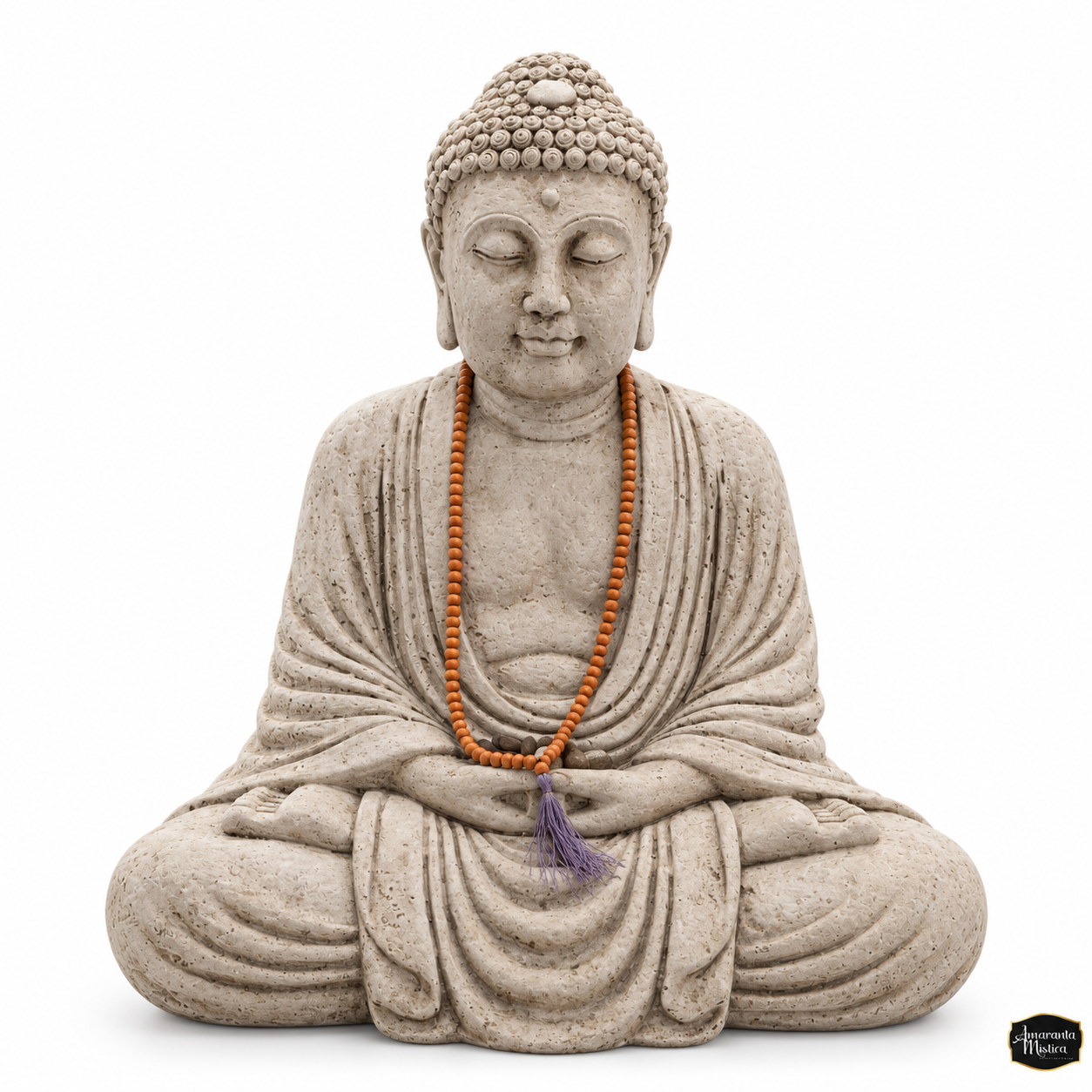 Buda Meditando Gris Piedra con Mala Naranja