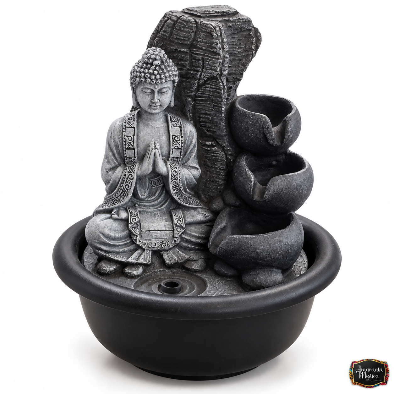 Fuente de Agua de Mesa Buda en Oración con Cascada de Cuencos