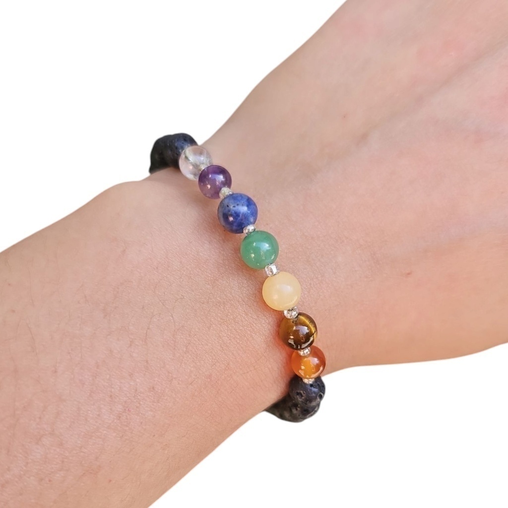 Pulsera Tanza Metal 7 Chakras Piedra Volcánica Negra