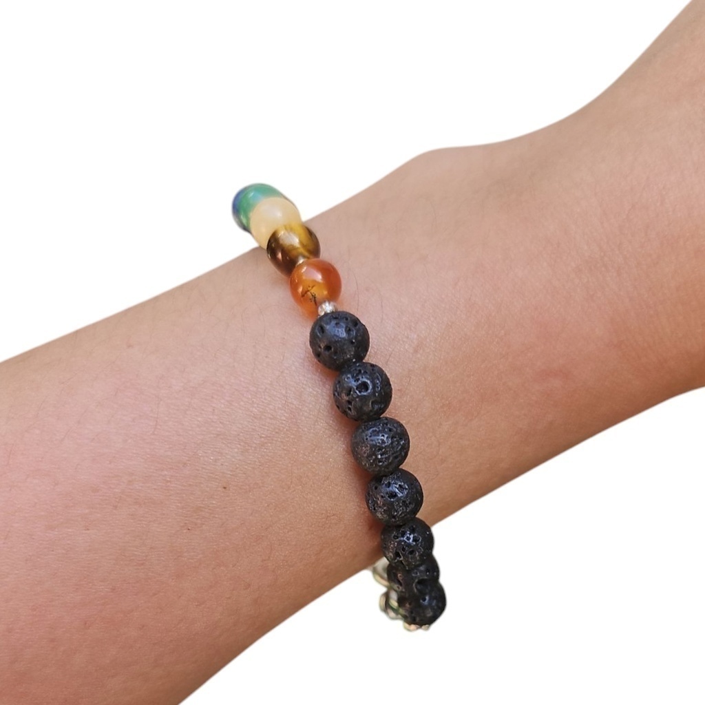 Pulsera Tanza Metal 7 Chakras Piedra Volcánica Negra - 2