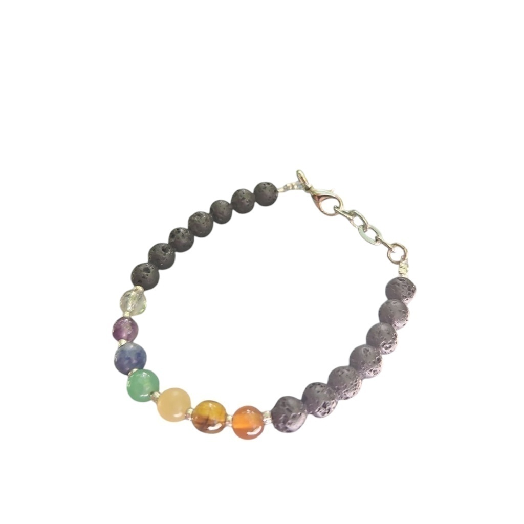 Pulsera Tanza Metal 7 Chakras Piedra Volcánica Negra - 3