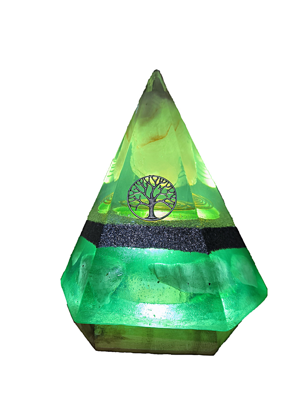 Lámpara Orgón Pirámide Hexagonal + Base de Madera